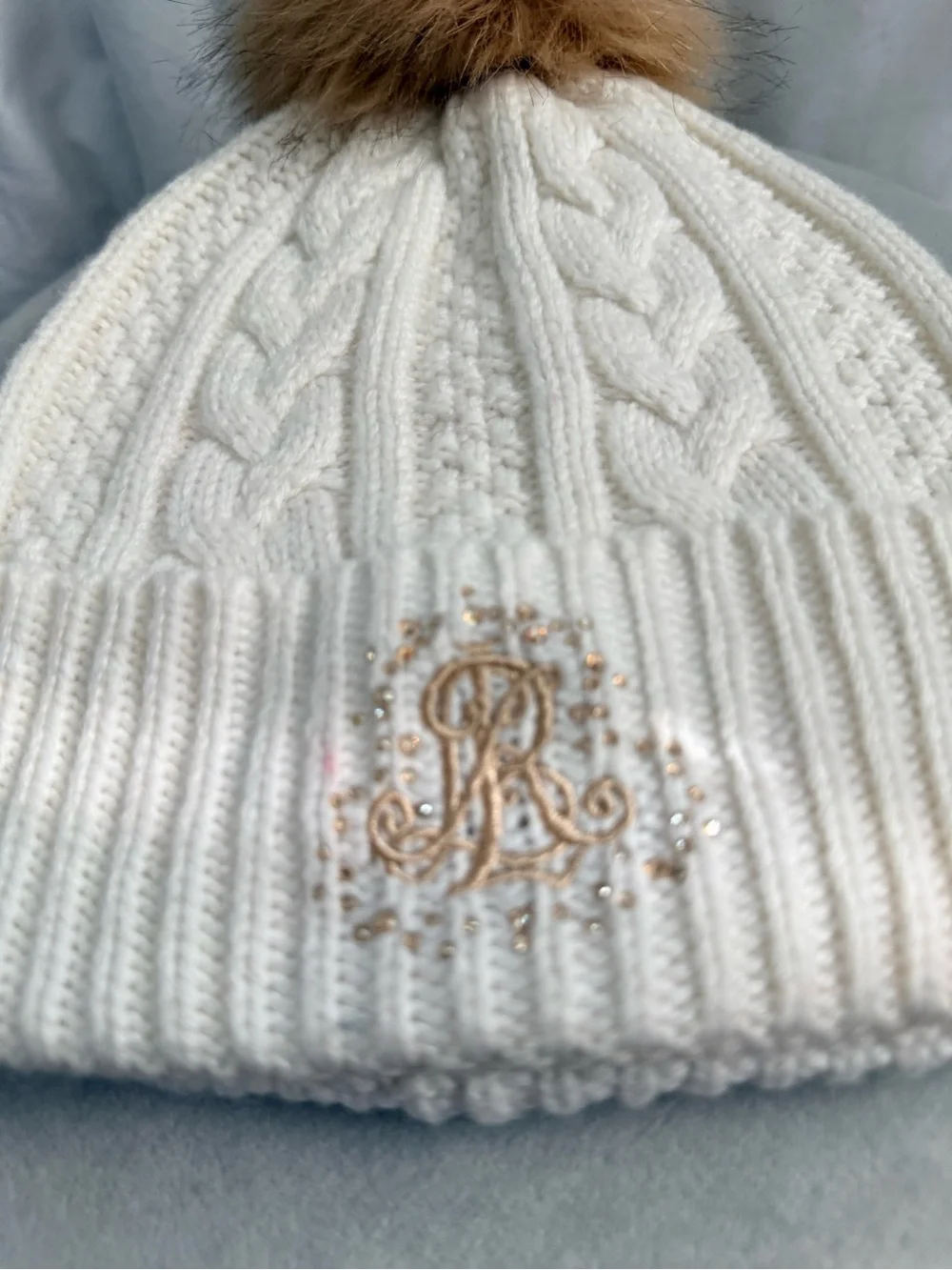 Ralph Lauren Cream Cable Knit Beanie with Tan Pom